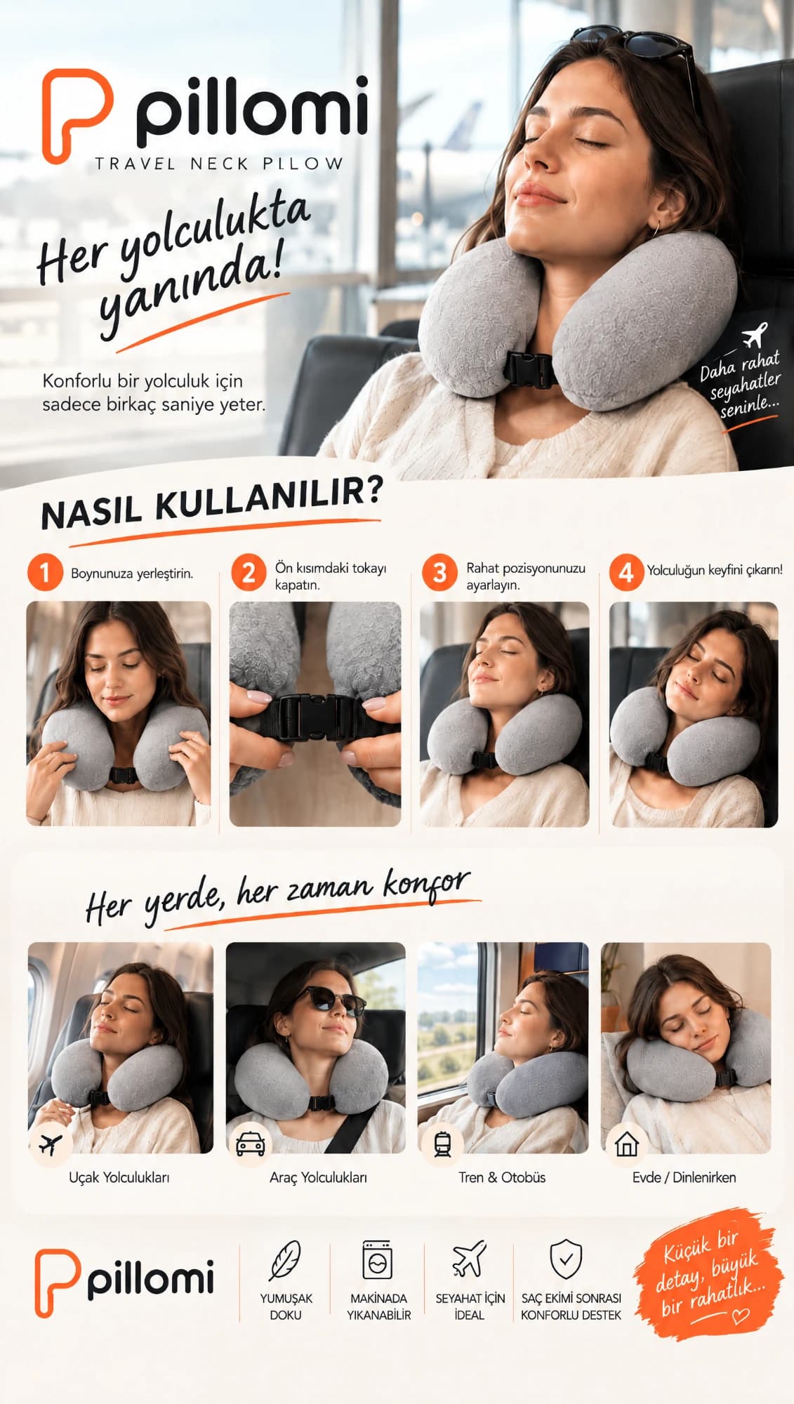 Pillomi boyun yastığının nasıl kullanıldığını anlatan adımlar